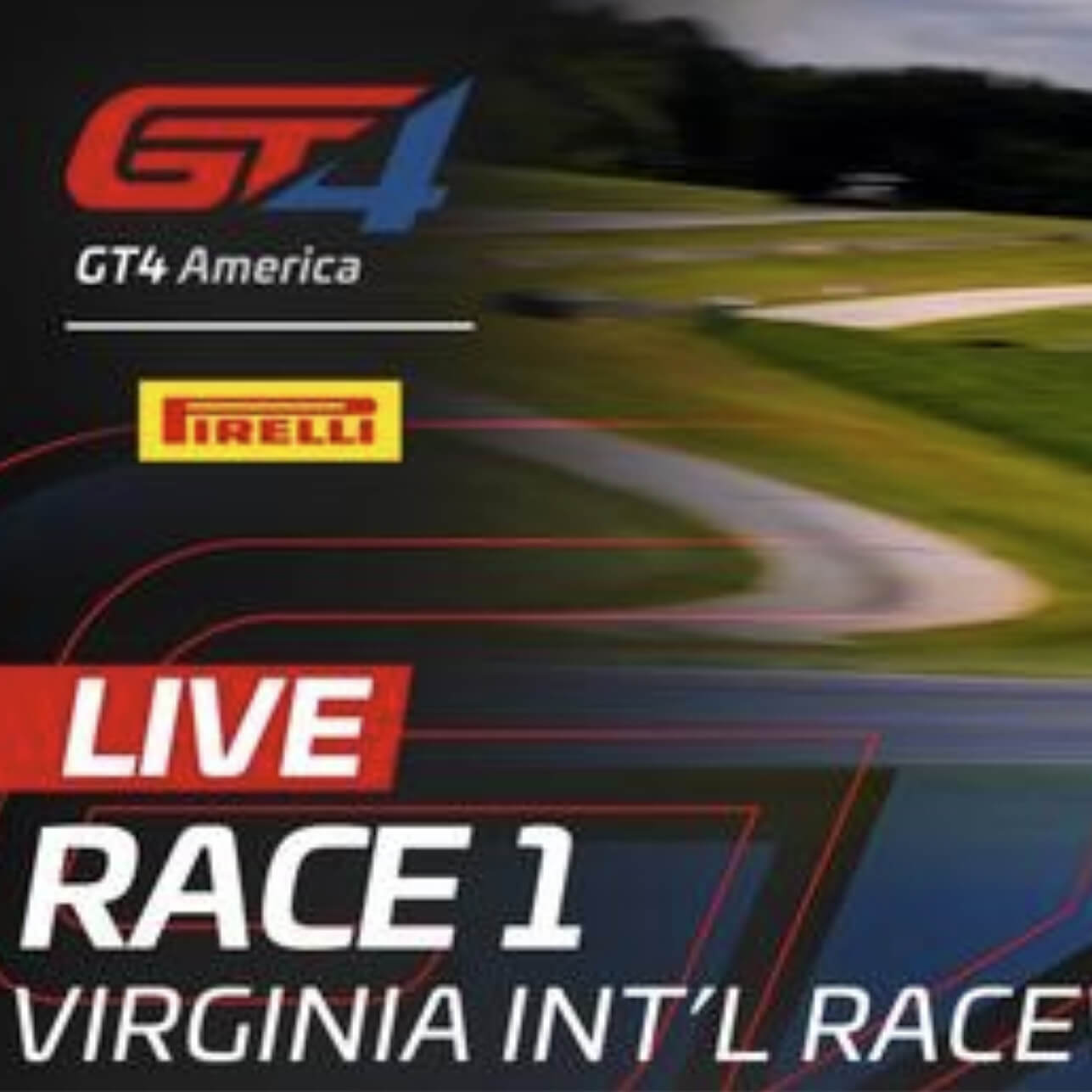 Thumbnail showing the GT4 America Logo and the Words Live, Race 1, Virginia Int'l Race